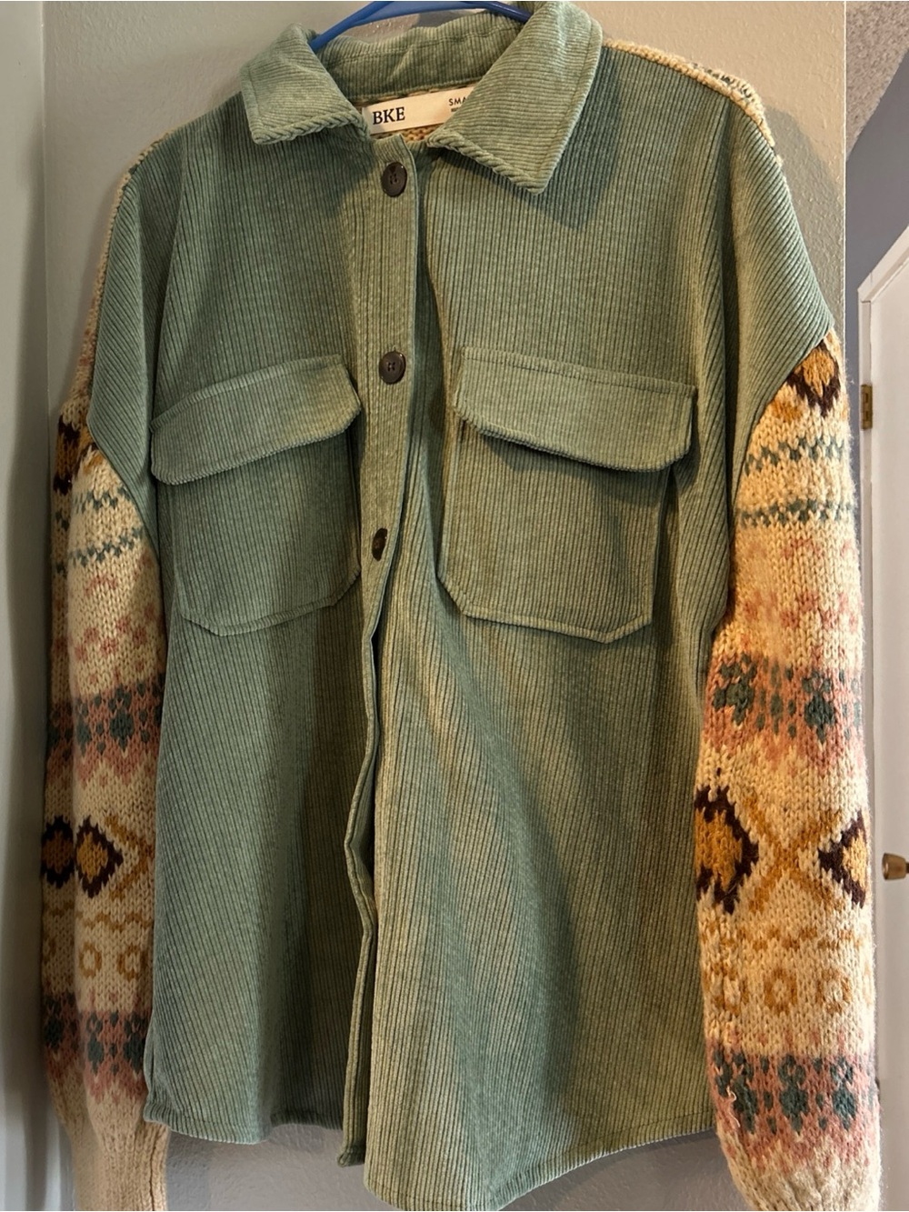 BKE | Pieced Corduroy Shacket, Sea Foam Multi, Size Small ( Over Sized )